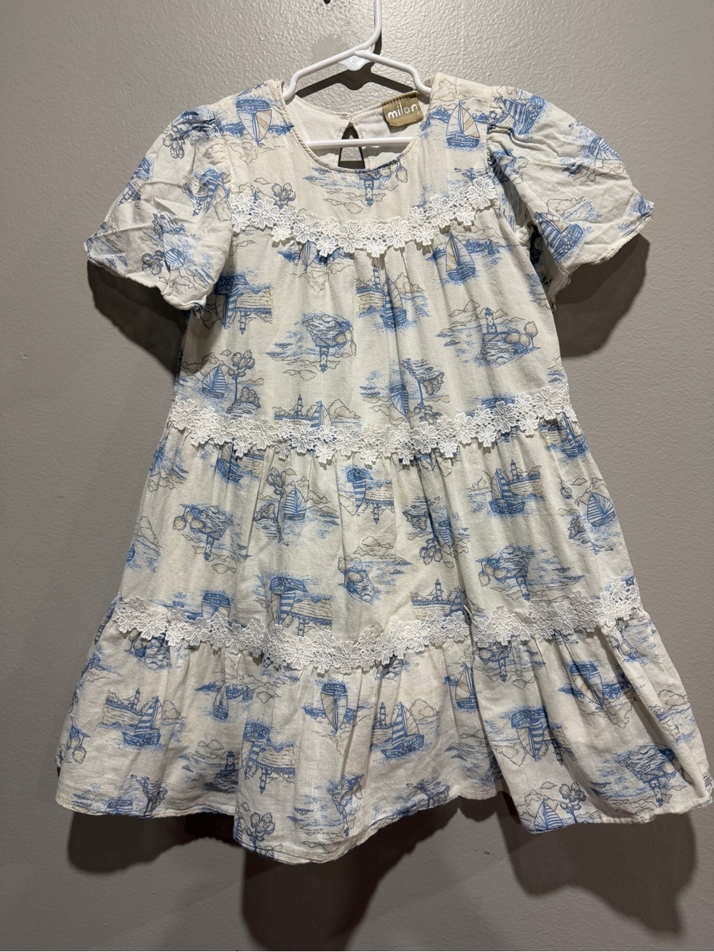 Milon White & Blue Nautical Tiered Girls' Dress 6 years